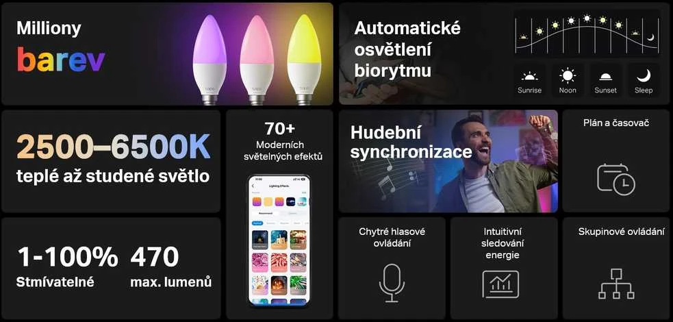 TP-Link Tapo L430C išmanioji WiFi reguliuojamo ryškumo LED lemputė (spalvota, 2500K-6500K, 470lm, 2.4GHz, E14)