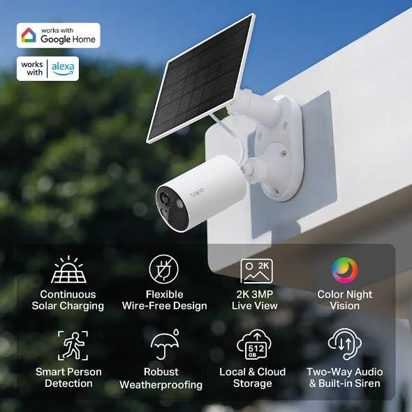 TP-Link kamera „Tapo TC82-KIT“ belaidė lauko apsaugos sistema, 2K 3MP, naktinio matymo, IP65 + TP-Link „Tapo“ saulės modulis 2,5 W, IP65, Juodas EU Baltas EU