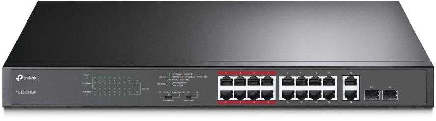 Šakotuvas TP-LINK 16 prievadų 10/100Mbps PoE+ komutatorius, 16 10/100Mbps RJ45 prievadų, 2 gigabito RJ45 prievadai, 2 mišrūs SFP lizdai, 802.3at/af, 192 W PoE