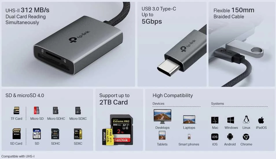 TP-Link UA440C adapteris iš C tipo į SD ir Micro SD kortelių skaitytuvą, Juodas EU