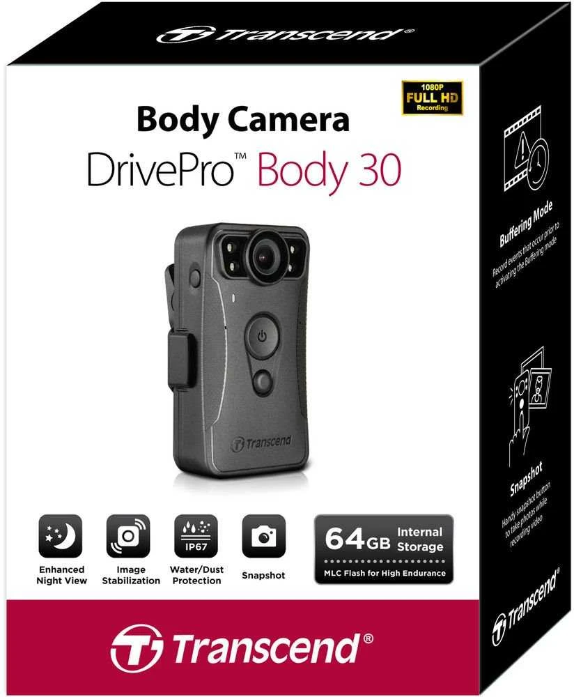 Transcend kūno kamera I DrivePro Body 30 I Wi-Fi ir Bluetooth (64 GB)