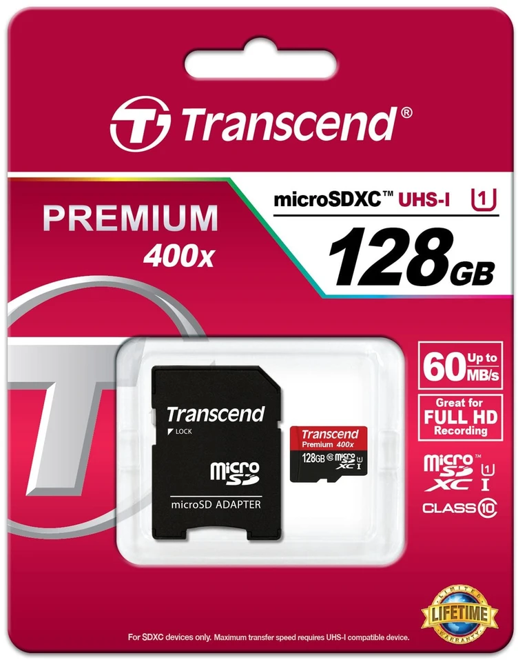 Atminties kortelė TRANSCEND Premium 128GB Micro SDXC UHS-I Class10 60MB/s MLC su adapteriu