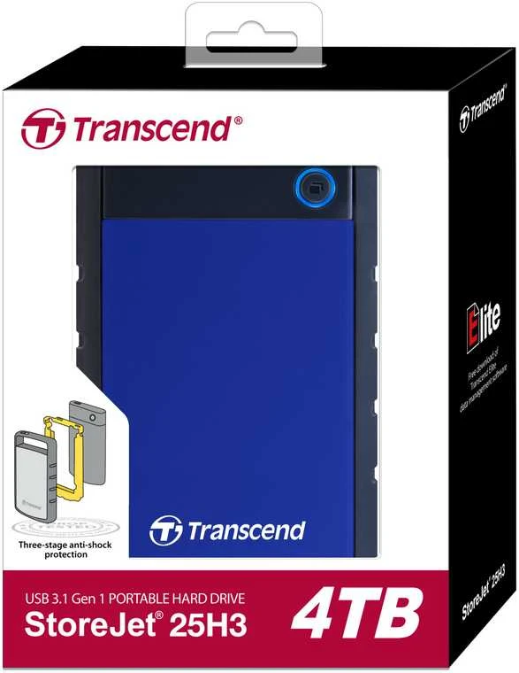 Transcend Išorinis kietasis diskas HDD 4TB USB3 25H3B 2.5'', Triguba apsaugos nuo smūgio sistema