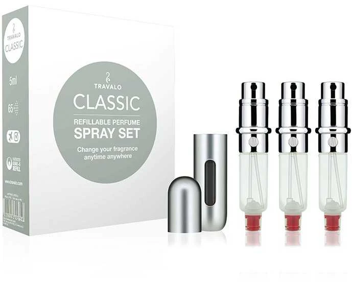 „Travalo Classic HD“ dovanų rinkinys Sidabrinis (daugkartinio pildymo kvepalų purkštuvas 3 x 5 ml dėžutėje)