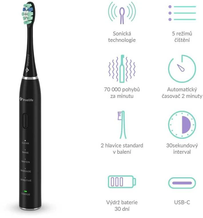 TrueLife SonicBrush Clean30 Juodas Adult Oscillating dantų šepetėlis