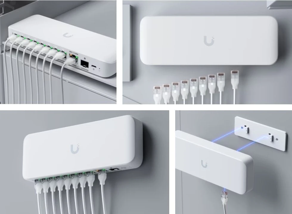 Šakotuvas UBIQUITI FLEX 2.5G LANKSTUSIS, 8 PRIESTŲ 2.5 GBE JUNGIKLIS SU 10 GBE RJ45/SFP+ KOMBINUOTU UPLINK PRIEDAS, GALIMA MAITINTI SU USB-C ARBA POE+ ADAPTERIU
