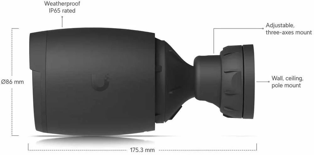 UBIQUITI AI PRO Juodas 4K POE kamera, skirta naudoti viduje ir lauke, su 3 kartų optiniu priartinimu, didelio nuotolio infraraudonųjų spindulių naktiniu matymu ir patobulintomis dirbtinio intelekto aptikimo galimybėmis.