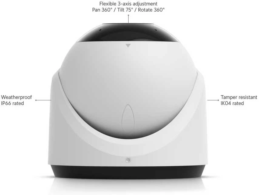 „UBIQUITI G6 TURRET“ – visoms oro sąlygoms atspari, nuo klastojimo apsaugota 4K POE kamera su 1/1,8 colio 8 MP vaizdo jutikliu, daugiafunkciu dirbtinio intelekto varikliu ir 3 ašių rankiniu reguliavimu, kad būtų galima lengvai įdiegti.