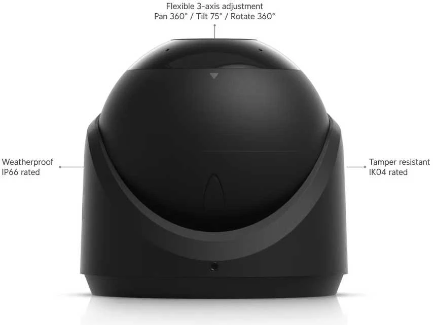 „Ubiquiti UVC-G6-Turret-B Juodas“ – visoms oro sąlygoms atspari, nuo įsilaužimo apsaugota 4K PoE kamera su 1/1,8 colio 8 MP vaizdo jutikliu, „Multi-TOPS“ dirbtinio intelekto varikliu ir 3 ašių rankiniu reguliavimu, užtikrinančiu lankstų montavimą.