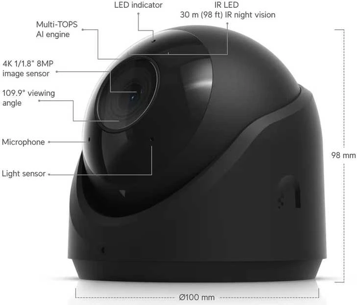„Ubiquiti UVC-G6-Turret-B Juodas“ – visoms oro sąlygoms atspari, nuo įsilaužimo apsaugota 4K PoE kamera su 1/1,8 colio 8 MP vaizdo jutikliu, „Multi-TOPS“ dirbtinio intelekto varikliu ir 3 ašių rankiniu reguliavimu, užtikrinančiu lankstų montavimą.