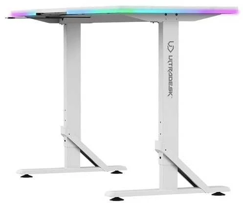 ULTRADESK IRON Baltas žaidimų stalas, 132,5x60,5 cm, 71-81 cm, mechaniškai reguliuojamas aukštis