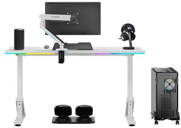 ULTRADESK IRON Baltas žaidimų stalas, 132,5x60,5 cm, 71-81 cm, mechaniškai reguliuojamas aukštis