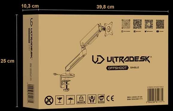 ULTRADESK OFFSHOT reguliuojamo aukščio monitoriaus laikiklis, baltas, 9kg, tvirtinamas spaustuku, 17"-32", 75x75/100x100