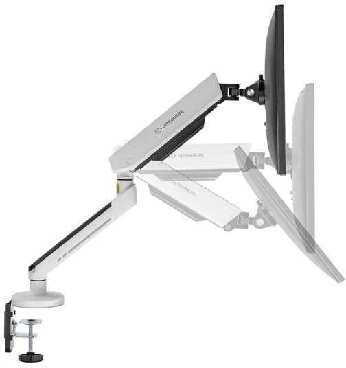 ULTRADESK OFFSHOT reguliuojamo aukščio monitoriaus laikiklis, baltas, 9kg, tvirtinamas spaustuku, 17"-32", 75x75/100x100