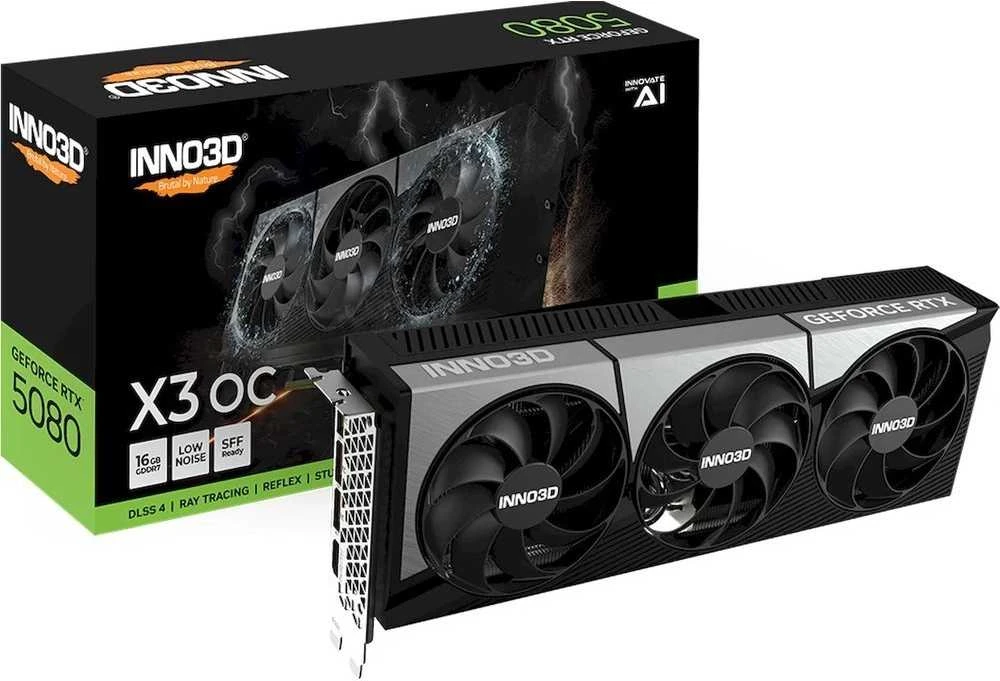 Vaizdo plokštė INNO3D NVIDIA GEFORCE RTX 5080 X3 16GB GDDR7 256bit, 2617 MHz / 30Gbps, 3x DP, 1x HDMI, 3 ventiliatoriai, 2 lizdai