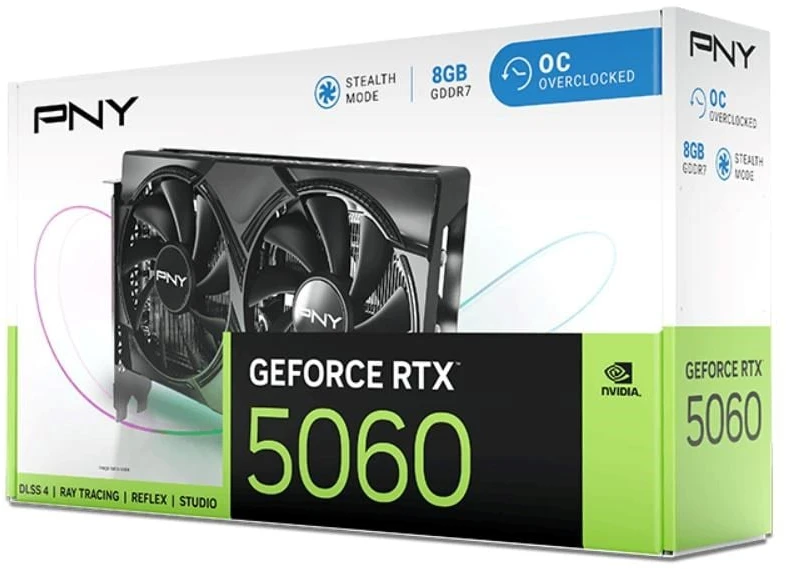 Vaizdo plokštė PNY GeForce RTX 5060 su dviem ventiliatoriais, 8 GB DLSS4