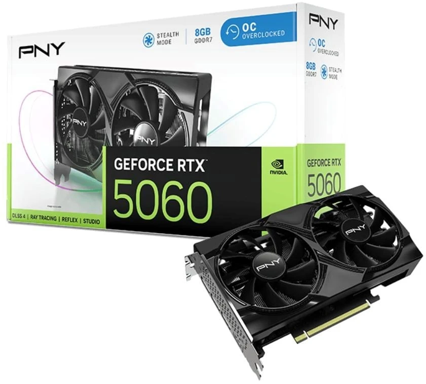 Vaizdo plokštė PNY GeForce RTX 5060 su dviem ventiliatoriais, 8 GB DLSS4