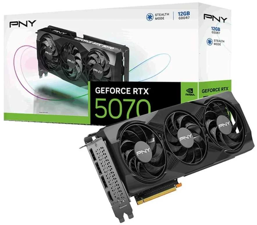Vaizdo plokštė PNY GeForce RTX 5070 su trimis ventiliatoriais, 12 GB OC, DLSS 4