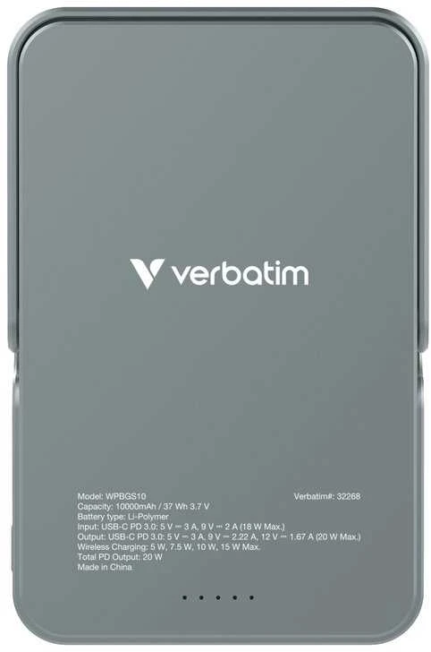„Verbatim Charge ‘n’ Go“ magnetinė belaidė įkrovioji baterija su stovu, 10000 mAh, pilka
