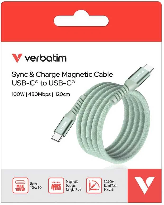 „Verbatim“ magnetinis sinchronizavimo ir įkrovimo kabelis USB-C į USB-C, 100 W, 120 cm, Žalias