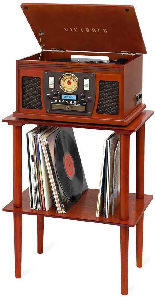 „Victrola VA-30-MAH-INT“ medinis plokštelių stovas, rudas