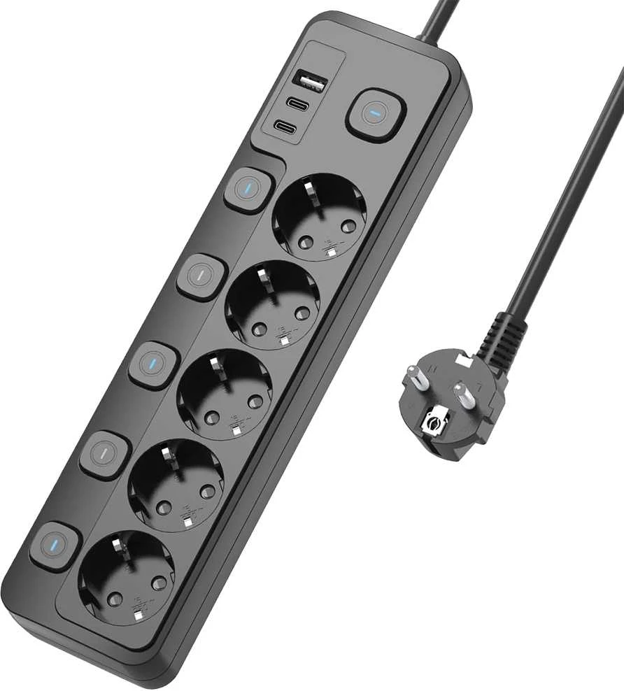 Viking tinklo praplėtimo lizdas YC53S, 5x AC 230V, 1x USB-A, 2x USB-C, ON/OFF mygtukas, ilgis 1,5 m, juodas
