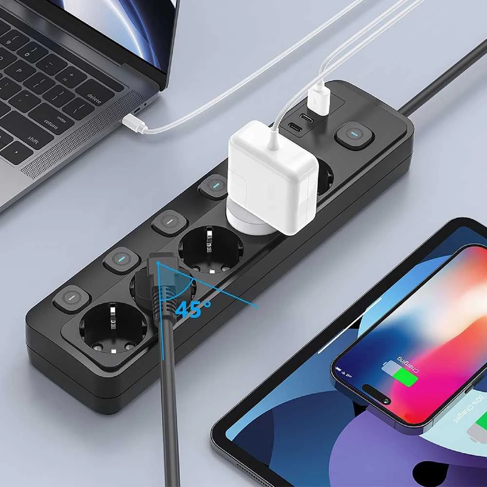 Viking tinklo praplėtimo lizdas YC53S, 5x AC 230V, 1x USB-A, 2x USB-C, ON/OFF mygtukas, ilgis 1,5 m, juodas