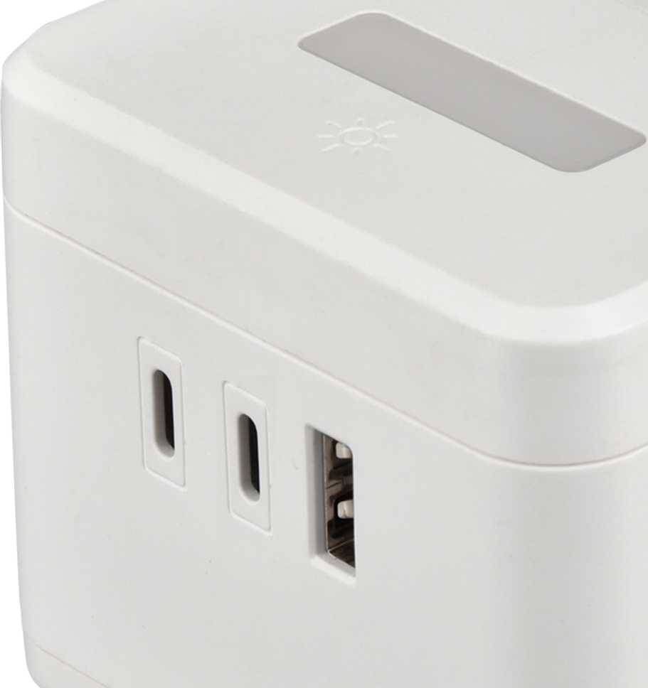 Viking maitinimo adapteris YC23H, 2x 230 V, 1x USB-A, 2x USB-C, jutiklinė lemputė, stovo funkcija, balta