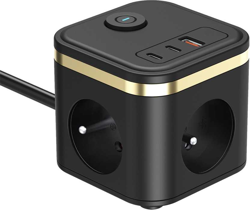 Viking maitinimo adapteris YC33, 3x 230 V, 1x USB-A, 2x USB-C, ON/OFF mygtukas, ilgis 1,4 m, juodas