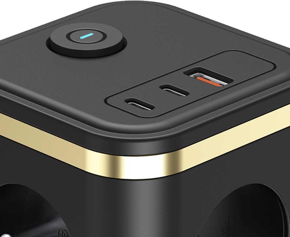 Viking maitinimo adapteris YC33, 3x 230 V, 1x USB-A, 2x USB-C, ON/OFF mygtukas, ilgis 1,4 m, juodas