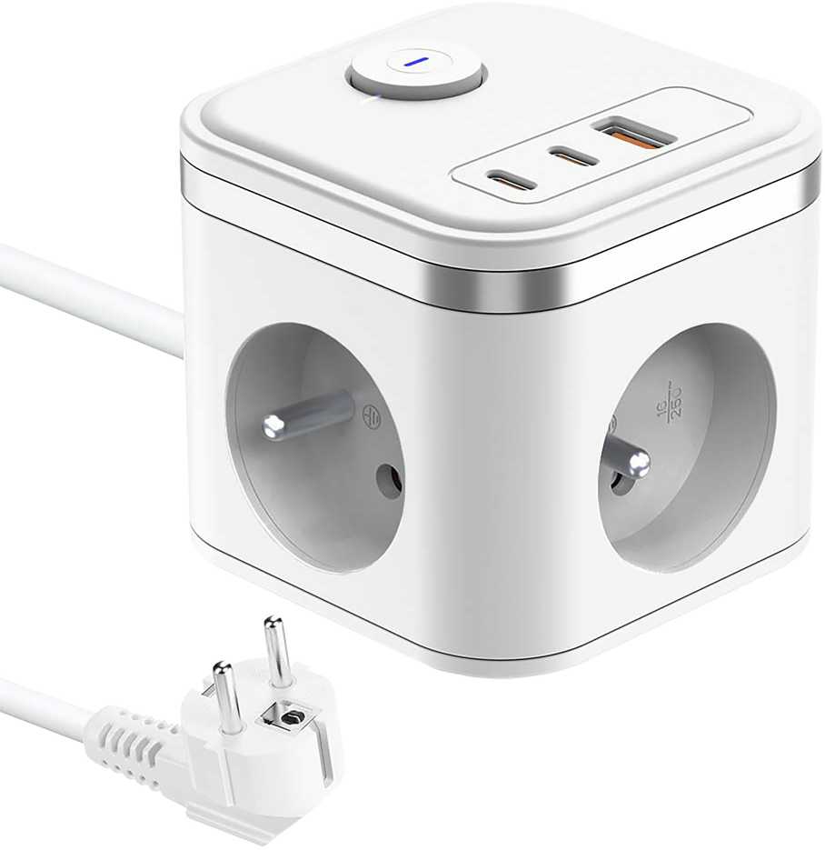 Viking maitinimo adapteris YC33, 3x 230 V, 1x USB-A, 2x USB-C, ON/OFF mygtukas, ilgis 1,4 m, baltas