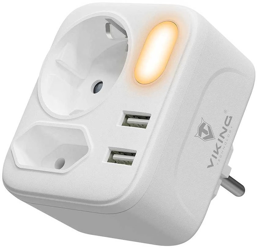 Viking AC22 adapteris su USB jungtimis ir naktine lempute