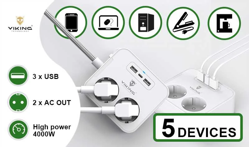 Viking AC23 adapteris su USB jungtimis ir elektros lizdais