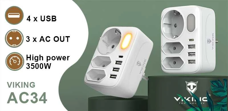 Viking AC34 adapteris su USB ir lizdais