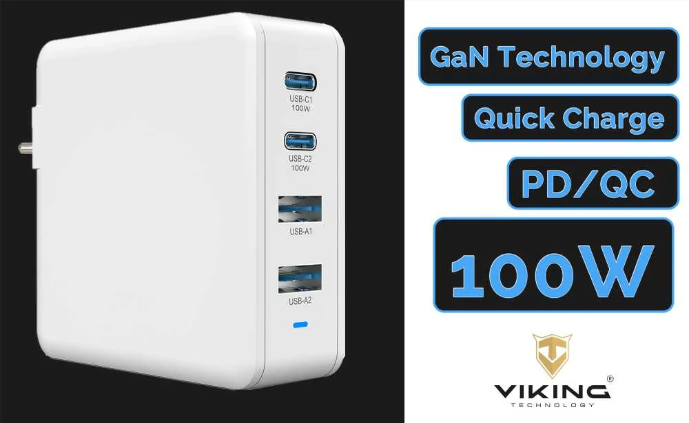 Įkroviklis Viking kroviklis USB GaN 100W, podpora PD3.0 a QC4+ balta