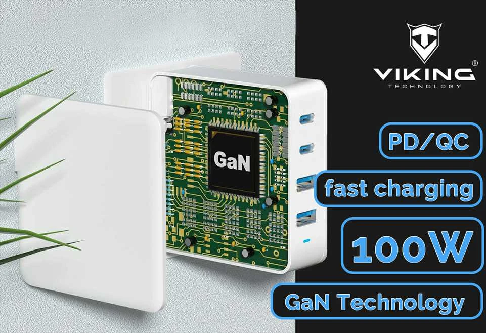 Įkroviklis Viking kroviklis USB GaN 100W, podpora PD3.0 a QC4+ balta