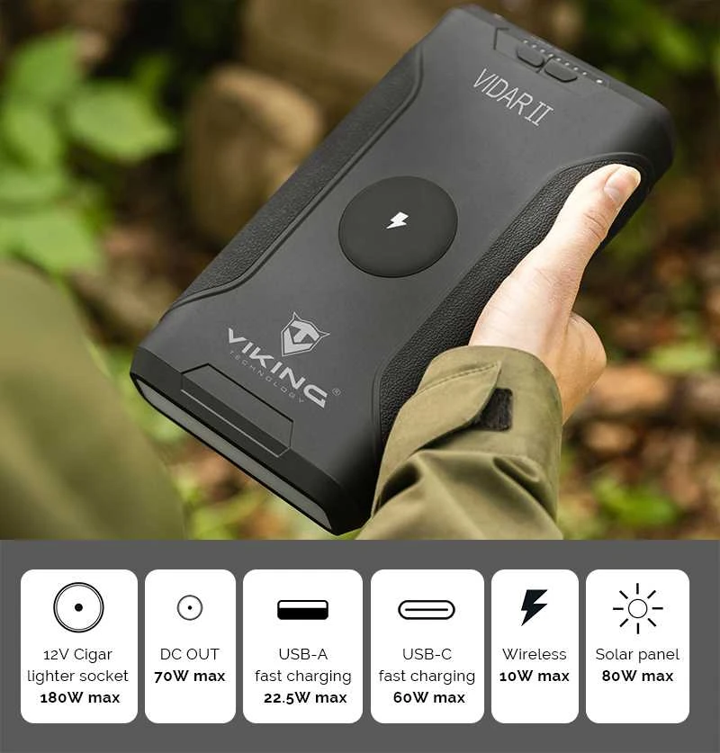Viking išorinė baterija Viking lauko naudojimui VIDAR II, 72000 mAh, belaidis įkrovimas