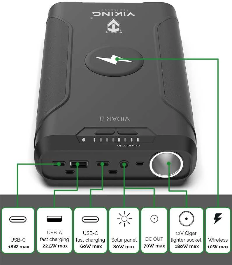 Viking išorinė baterija Viking lauko naudojimui VIDAR II, 72000 mAh, belaidis įkrovimas