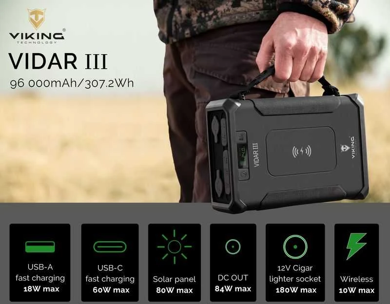 Viking Powerbank Viking lauko maitinimo blokas VIDAR III, 96000 mAh, belaidis įkrovimas