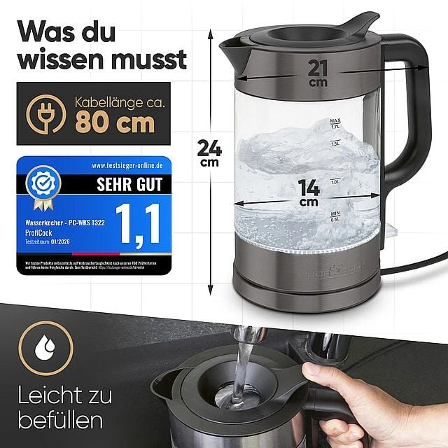 Profi Cook ProfiCook PC-WKS 1322 G electric virdulys 1.7 L 2200 W Juodas, Transparent