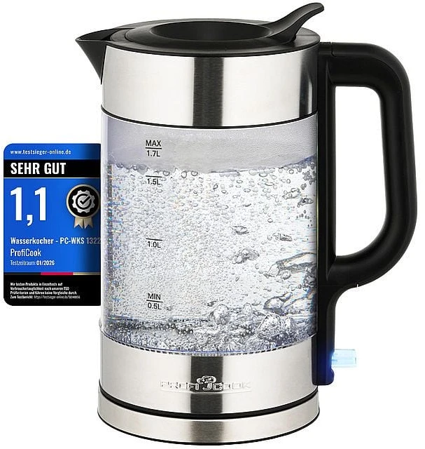 Profi Cook ProfiCook PC-WKS 1322 G electric virdulys 1.7 L 2200 W Sidabrinis, Juodas, Transparent