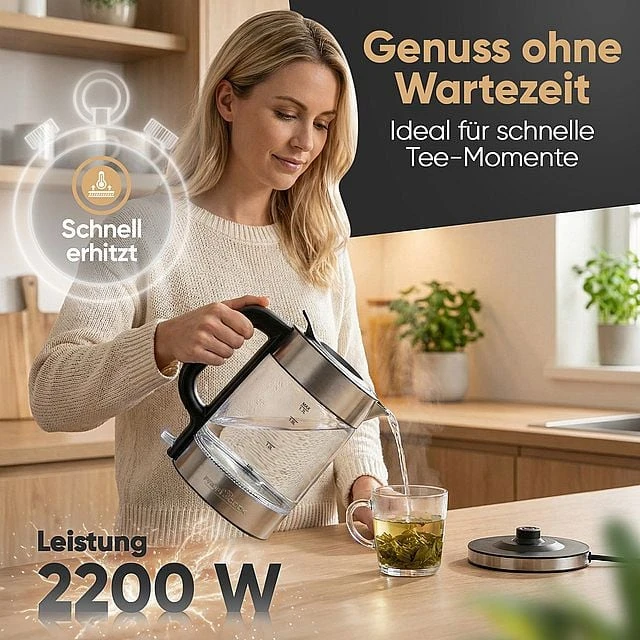 Profi Cook ProfiCook PC-WKS 1322 G electric virdulys 1.7 L 2200 W Sidabrinis, Juodas, Transparent