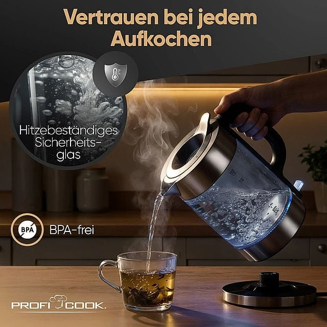 Profi Cook ProfiCook PC-WKS 1322 G electric virdulys 1.7 L 2200 W Sidabrinis, Juodas, Transparent