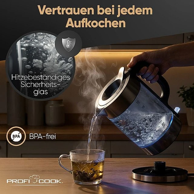 Profi Cook ProfiCook PC-WKS 1322 G electric virdulys 1.7 L 2200 W Juodas, Transparent