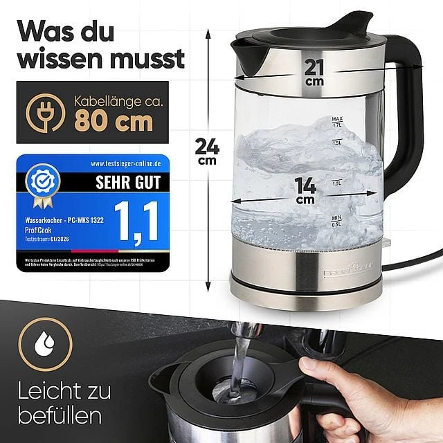 Profi Cook ProfiCook PC-WKS 1322 G electric virdulys 1.7 L 2200 W Sidabrinis, Juodas, Transparent