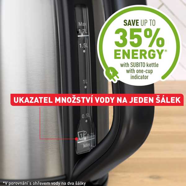 Tefal Subito KO5S0DE0 electric virdulys 1.7 L 2400 W Juodas, Nerūdijantis plienas