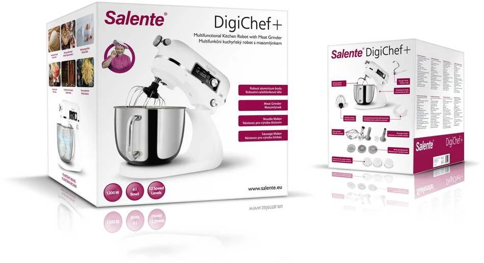 Virtuvinis kombainas „Evolveo Salente DigiChef+“ planetinis maisto smulkintuvas, 6 litrų nerūdijančio plieno dubuo, mėsmalė, skaitmeninis ekranas, balta