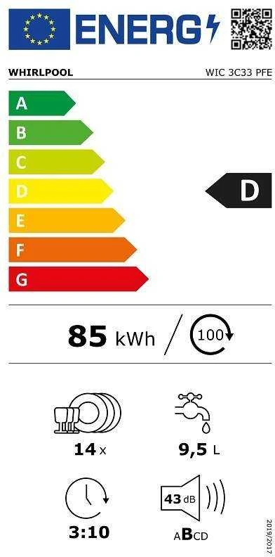 WHIRLPOOL Integruojamas Indaplovė WIC 3C33 PFE, D energijos klasė (senas A+++), 60 cm, Powerclean PRO, Trečias krepšelis, 8 programos