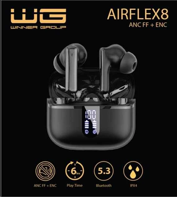 WG AirFlex 8 ausinės su LED ekrano įkrovimo dėklu
