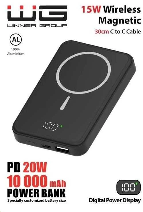 „Winner Group WG“ – išorinė baterija 10000 mAh, belaidė 15 W + PD 20 W + QC 3.0 22,5 W, juoda